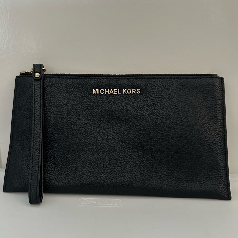 Michael Kors Black Leather Clutch with Wrist Strap
